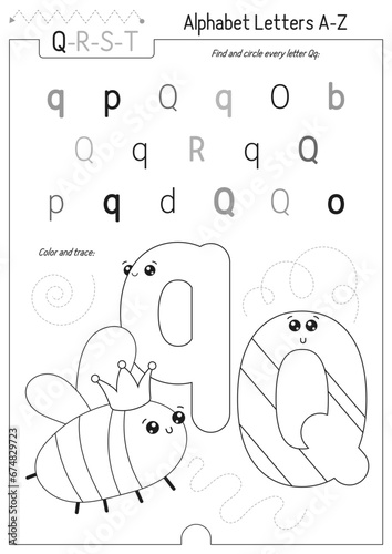 Letter Coloring Worksheet for Kids Activity Book. For Letter Q upper and lower case. Preschool tracing lines, shapes and coloring practice for toddler and teacher. Black and white Vector