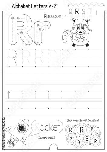 Letter Tracing Worksheet for Activity Book for kids. For Letter R upper and lower case. Preschool tracing and writing practice for toddler and teacher. Black and white Vector 