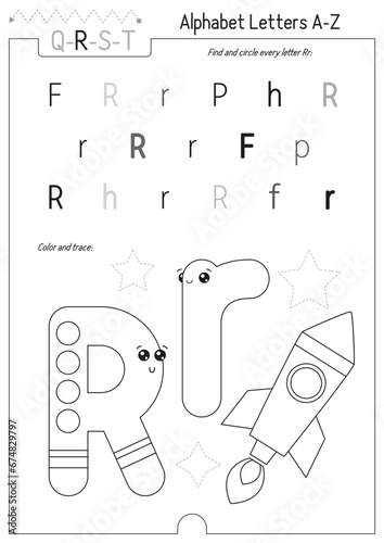 Letter Coloring Worksheet for Kids Activity Book. For Letter R upper and lower case. Preschool tracing lines, shapes and coloring practice for toddler and teacher. Black and white Vector 