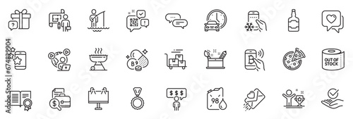 Icons pack as Refrigerator app, Whiskey bottle and Dots message line icons for app include Bitcoin pay, Accounting report, Creativity concept outline thin icon web set. Diploma. Vector