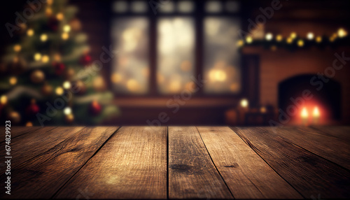 Empty wooden table with christmas theme in background © Piotr Krzeslak