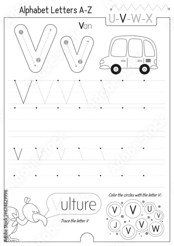 Letter Tracing Worksheet for Activity Book for kids. For Letter V upper and lower case. Preschool tracing and writing practice for toddler and teacher. Black and white Vector 