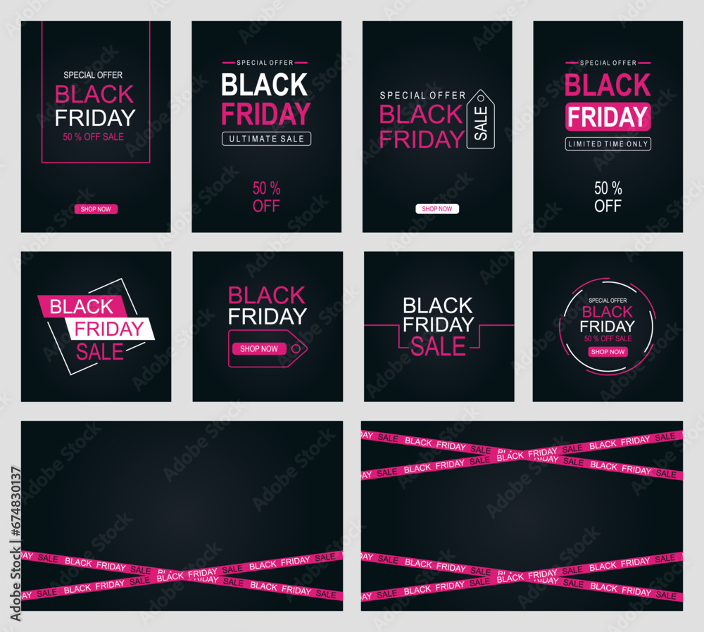 Set of black friday sale banner design template. Pink and white colors on a dark background. Black friday banner. Vector illustration
