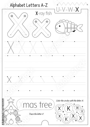 Letter Tracing Worksheet for Activity Book for kids. For Letter X upper and lower case. Preschool tracing and writing practice for toddler and teacher. Black and white Vector 