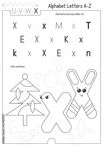 Letter Coloring Worksheet for Kids Activity Book. For Letter X upper and lower case. Preschool tracing lines, shapes and coloring practice for toddler and teacher. Black and white Vector 