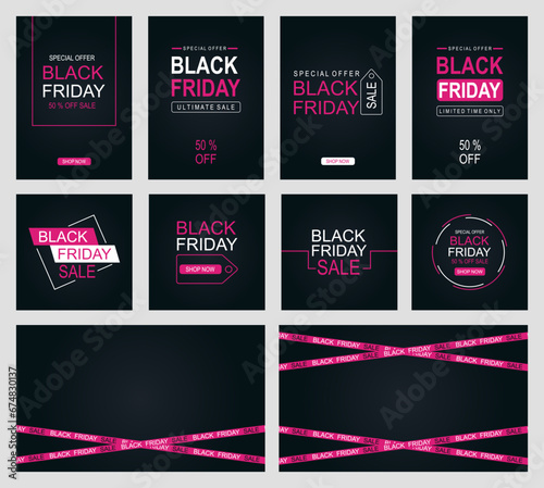 Set of black friday sale banner design template. Pink and white colors on a dark background. Black friday banner. Vector illustration