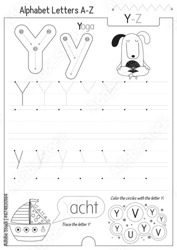 Letter Tracing Worksheet for Activity Book for kids. For Letter Y upper and lower case. Preschool tracing and writing practice for toddler and teacher. Black and white Vector 