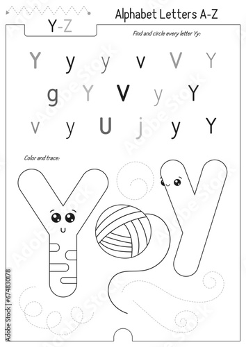 Letter Coloring Worksheet for Kids Activity Book. For Letter Y upper and lower case. Preschool tracing lines, shapes and coloring practice for toddler and teacher. Black and white Vector 