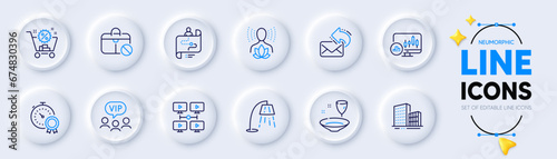 Yoga balance, Shopping cart and Journey path line icons for web app. Pack of Jobless, Stand lamp, Plate pictogram icons. Vip clients, Video conference, Share mail signs. Best result. Vector