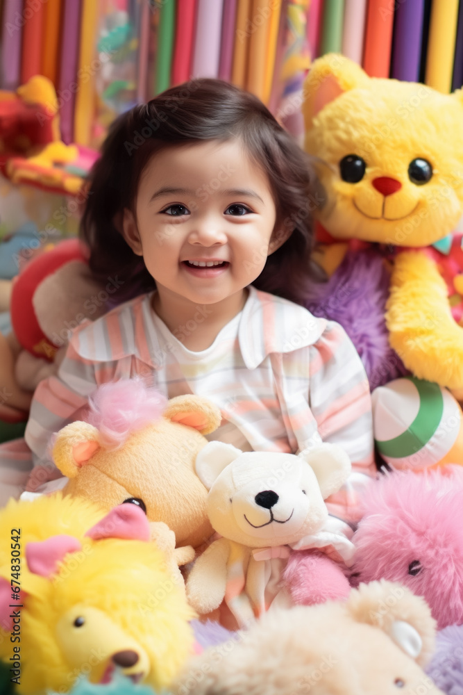 Fototapeta premium Cute smiling little girl playing in stuffed animals toys.
