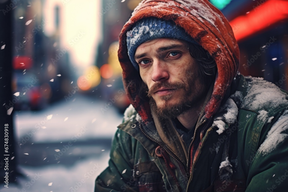 Homeless man in a winter coat on the street in a city. Generative AI. Homeless man in a winter coat on the street in a city. Generative AI.
