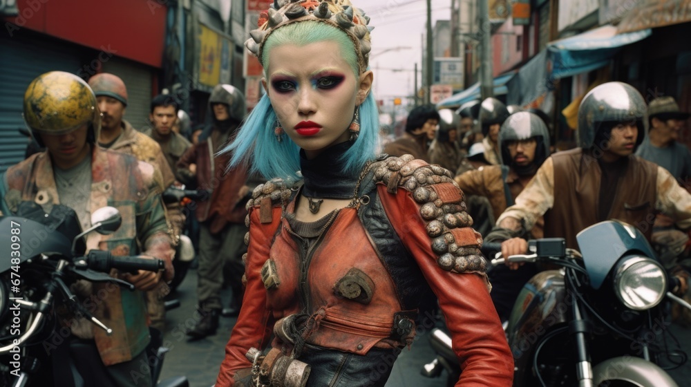 A Japanese punk woman with blue hair and a leather jacket standing in front of a group of motorcycles. Generative AI.
