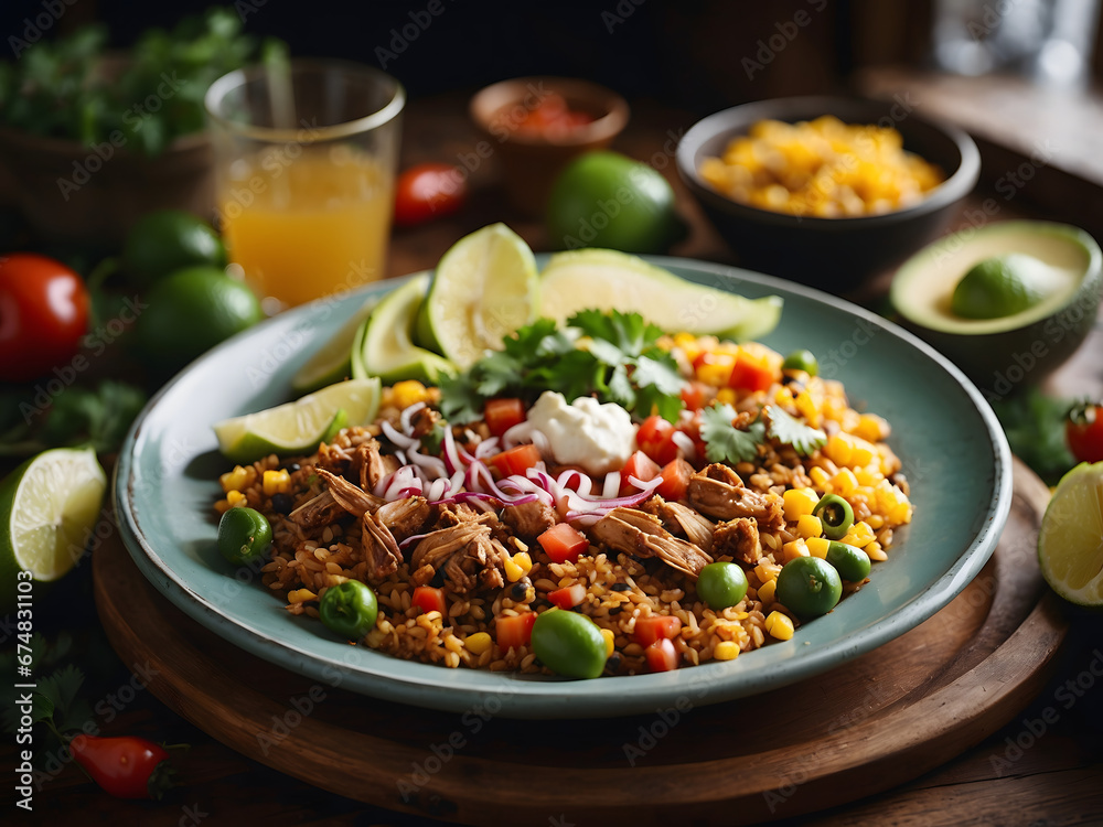 Vegetarian Far Eastern dish with avocado on a rustic plate Vegetarian Far Eastern dish with avocado on a rustic plate