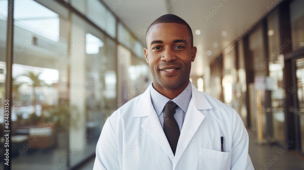 A man in a lab coat standing in a hallway. Generative AI. A man in a lab coat standing in a hallway. Generative AI.