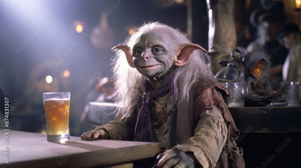 A troll sitting at a table with a beer. Generative AI.