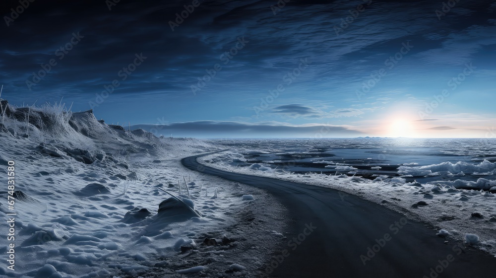 snow winter road ocean landscape illustration frozen sea, blue europe, tourism mountain snow winter road ocean landscape