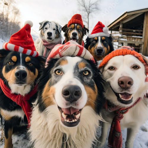 Funny scene of a group of dogs taking a selfie during a christmas winter day.