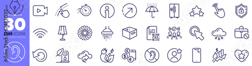 Wifi, Cloud share and Shield line icons pack. Stars, Timer, Swipe up web icon. Office box, Waterproof umbrella, Jobless pictogram. Best friend, Ranking star, Qr code. Green energy. Vector