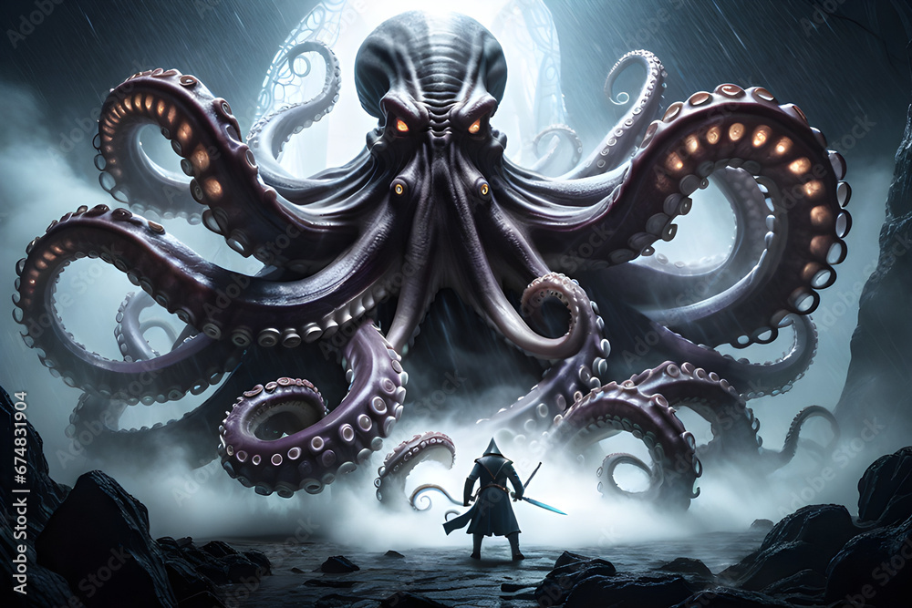 A warrior who fights a giant monster. Generative AI A warrior who fights a giant monster. Generative AI