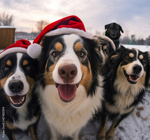 Funny scene of a group of dogs taking a selfie during a christmas winter day.