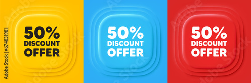 50 percent discount tag. Neumorphic offer banners. Sale offer price sign. Special offer symbol. Discount podium background. Product infographics. Vector