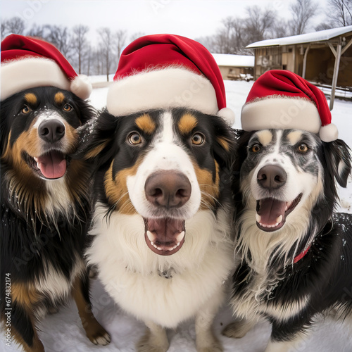 Funny scene of a group of dogs taking a selfie during a christmas winter day.