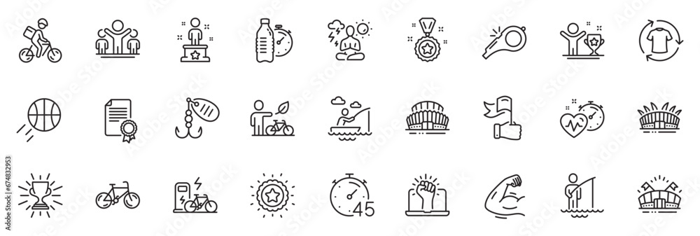Icons pack as Sports stadium, Timer and Winner star line icons for app include Winner, Boat fishing, Yoga outline thin icon web set. Arena stadium, Eco bike, Sports arena pictogram. Vector