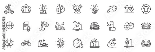 Icons pack as Sports stadium, Timer and Winner star line icons for app include Winner, Boat fishing, Yoga outline thin icon web set. Arena stadium, Eco bike, Sports arena pictogram. Vector
