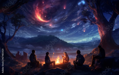  anime scene with characters sitting around a campfire, under a starry sky in another world