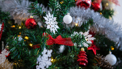 Adorned with holiday elements  a festive Christmas balls hang on the tree