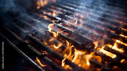 A black grill on fire with smoke and fire sparks on a barbecue day. Barbecue grill in macro photo with fire and smoke in top view.