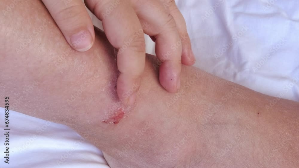 person scratches psoriatic rashes on skin with hand with chronic dermatitis, wound on painful female leg, medical concept, chronic condition, dermatological disorder, skin problem, affected area person scratches psoriatic rashes on skin with hand with chronic dermatitis, wound on painful female leg, medical concept, chronic condition, dermatological disorder, skin problem, affected area