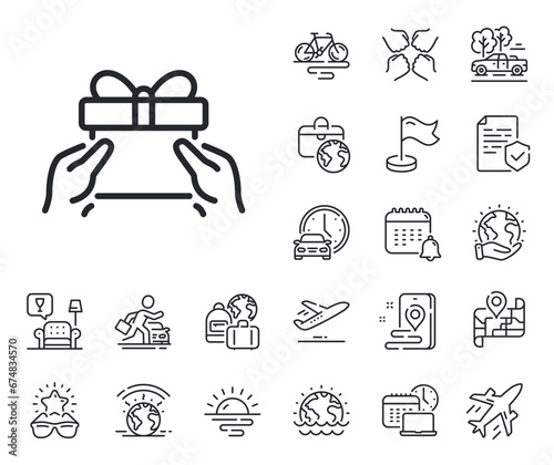 Present or Sale sign. Plane jet, travel map and baggage claim outline icons. Give a Gift box line icon. Birthday Shopping symbol. Package in Gift Wrap. Give present line sign. Vector