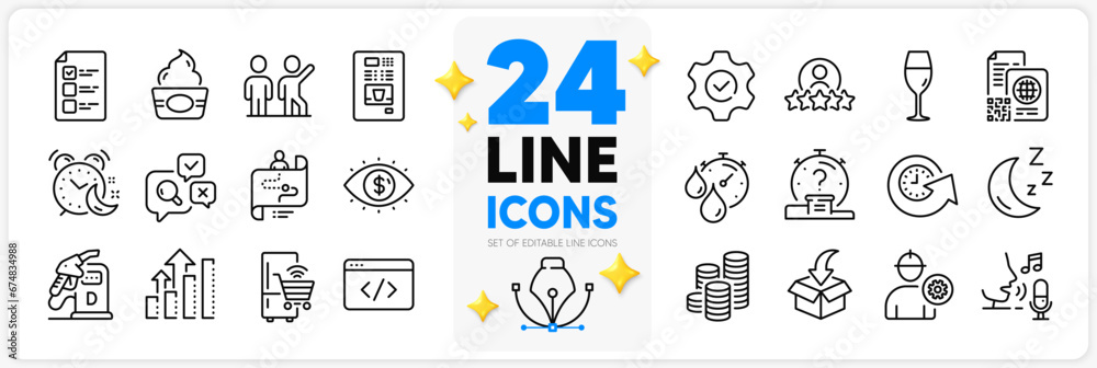 Icons set of Update time, Analysis graph and Engineer line icons pack for app with Coffee vending, Execute, Diesel station thin outline icon. Qr code, Coins, Human rating pictogram. Vector