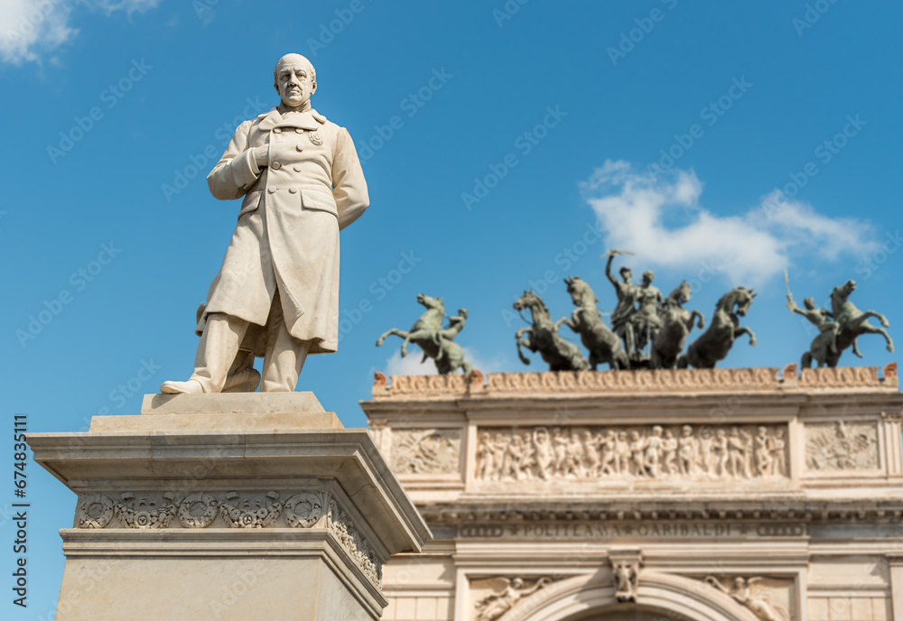 The marble monument to Ruggero Settimo in front of the Politeama Theater in Palermo, Sicily, Italy