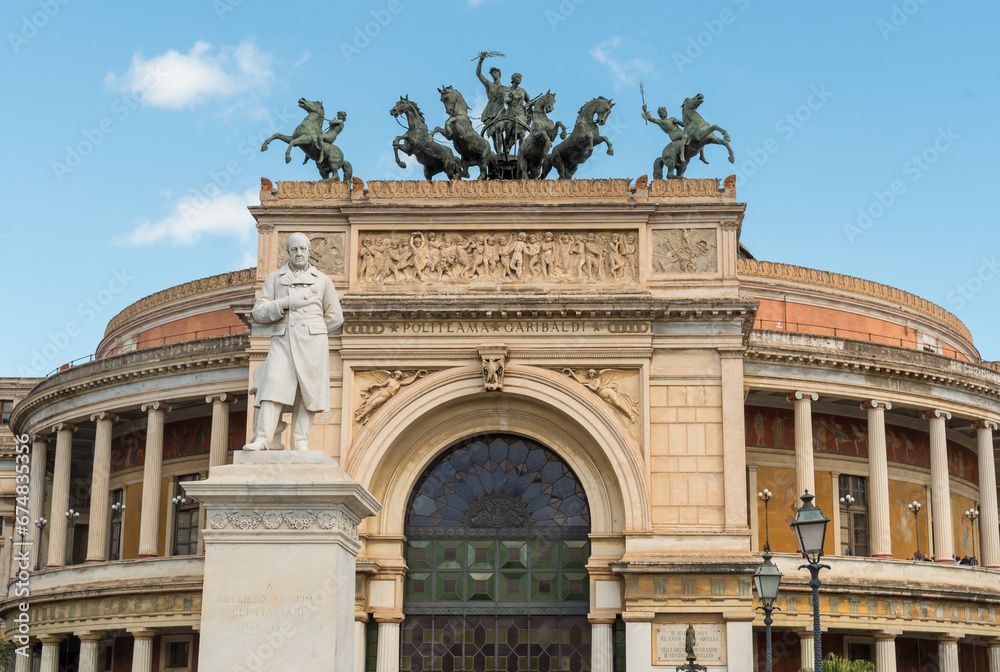 View of the Politeama Garibaldi theater, located in Piazza Ruggero Settimo in Palermo, Sicily, Italy