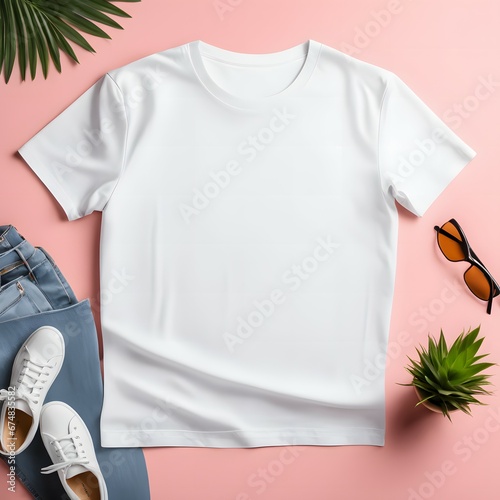 White t-shirt mockup with sunglasses jeans and shoes on pink background