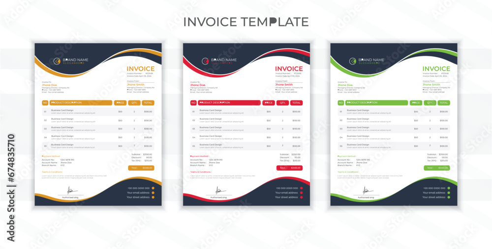 Vector creative modern invoice template design whit 3 colors - obrazy, fototapety, plakaty 
