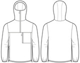 Mid layer fleece Hoodie jacket design flat sketch Illustration, popover Hooded jacket with front and back view, Anorak winter jacket for Men and women. for hiker, outerwear and workout in winter