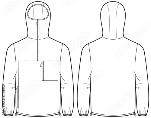Mid layer fleece Hoodie jacket design flat sketch Illustration, popover Hooded jacket with front and back view, Anorak winter jacket for Men and women. for hiker, outerwear and workout in winter photo