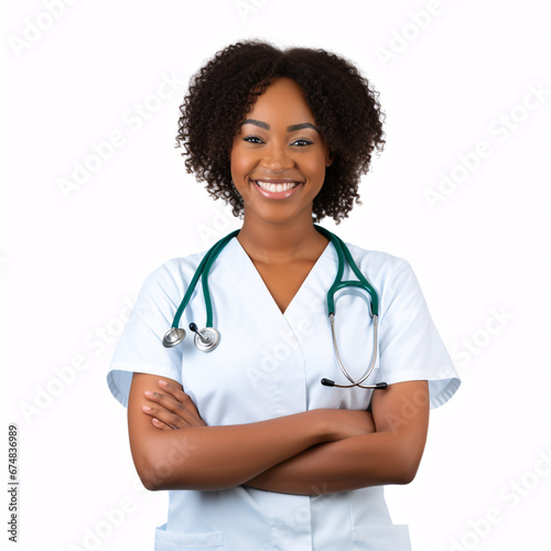 A beaming African-American nurse with arms crossed stands isolated on a white background, evoking healthcare and insurance.