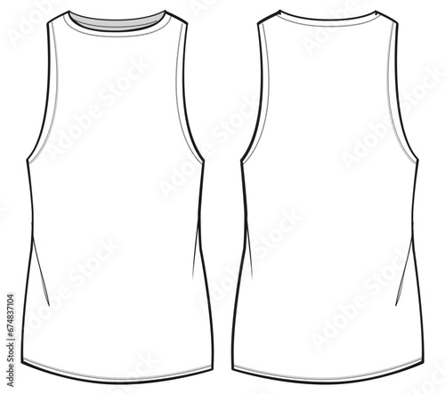 Men's sleeveless T Shirt vest flat sketch fashion illustration drawing template mock up with front and back view. Tank top cad drawing template