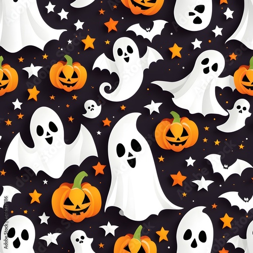 Halloween seamless pattern with ghosts and pumpkins