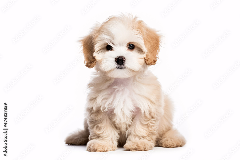 Adorable Maltipoo pup posturing secludedly on a light-hued backdrop. Adorable Maltipoo pup posturing secludedly on a light-hued backdrop.