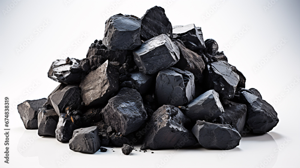 A mound of coal atop a white background.