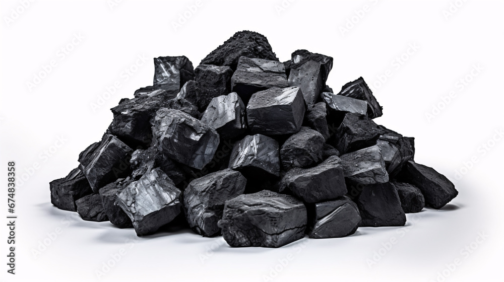 Pile of black coal situated on a plain background.