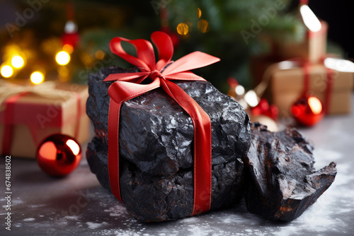 Charcoal tied with red ribbon as a Christmas gift, gift for naughty children and adults. A joke or a prank. photo