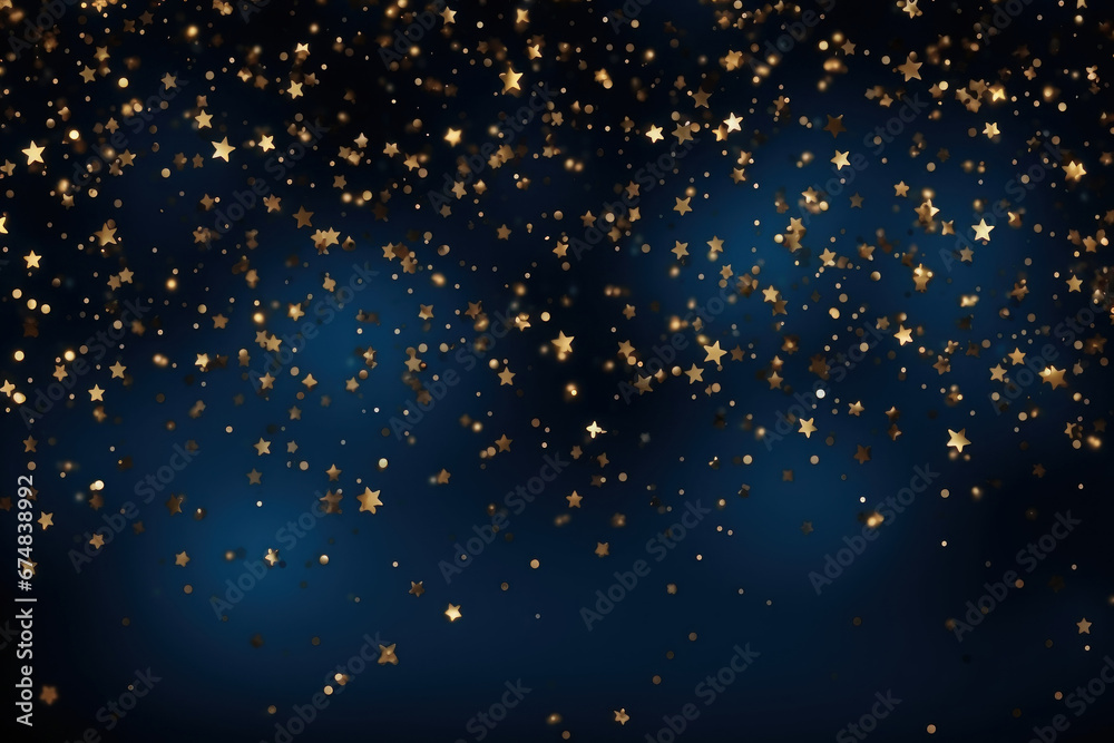 Christmas star shape glittering background. Gold stars on blue abstract background on New Year's Eve