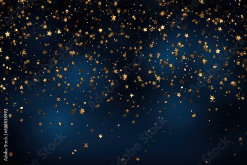 Christmas star shape glittering background. Gold stars on blue abstract background on New Year s Eve