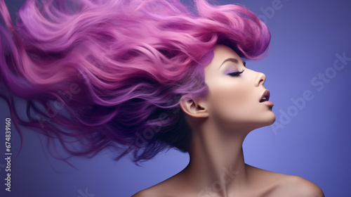 A professional-colored beautiful woman with fluttering, bright hued tresses of various shades of purple poses seductively.